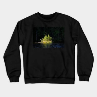 Small lush island in sunlight at lake shore Crewneck Sweatshirt